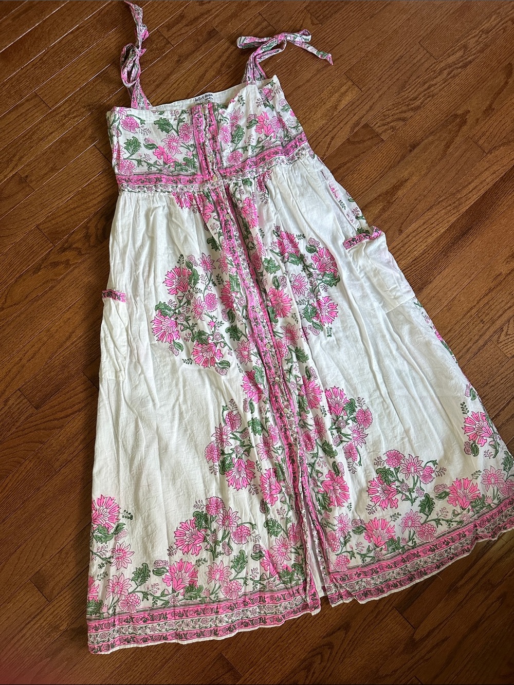 Juliet Dunn White Dress with Pink and Green Floral Stripe